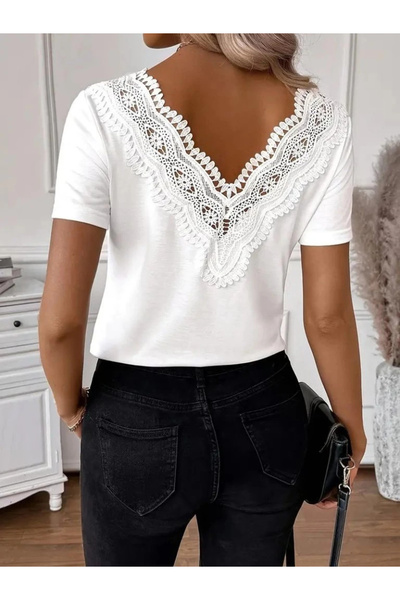 ARONA Women's Short Sleeve V Neck Back Lace Viscose Blouse