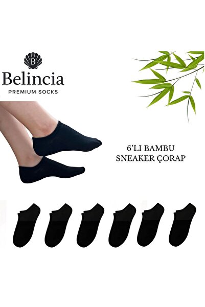 belincia BAMBU KADIN SNEAKER DİKİŞSİZ SİYAH ÇORAP GÖRÜNMEZ 6'LI PAKET