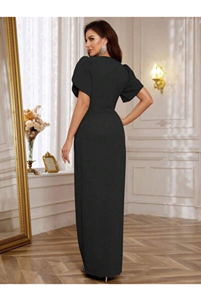 Silerra Women's Short Sleeve Double Breasted Collar Waist Floral Accessory Slit Imported Crepe Dress