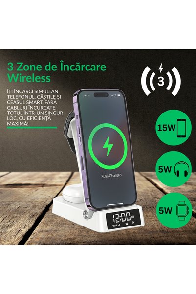 PLEMORY Încărcător wireless 4 în 1, Qi, încărcător rapid 25W, alb