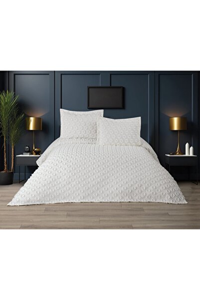 ARSEM EV TEKSTİL Bodrum Ponpon Cream Double Bedspread Pike Chenille 3 Pieces