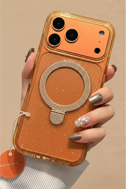 Fibaks iPhone 17 Pro Max Kılıf Simli Turuncu Saydam Arkası Sert Magsafe Halka...