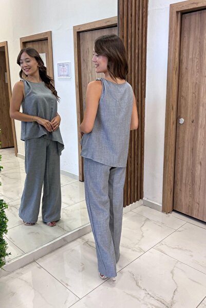 LipLipo Women's Buckle Detailed Skirt Asymmetrical Blouse Elastic Waist Pocket Palazzo Trousers Linen 2 Piece Set