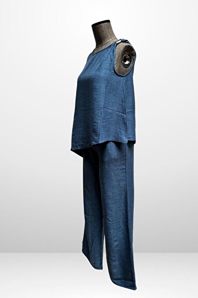 By Saygı Fusta cu detaliu cu cataramă pentru femei Bluză asimetrică Pantaloni palazzo cu buzunare cu talie elastică Set de 2 piese din in