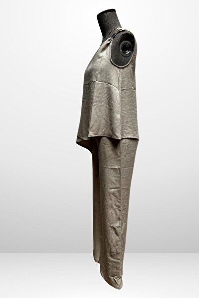 By Saygı Women's Buckle Detailed Skirt Asymmetrical Blouse Elastic Waist Pocket Palazzo Trousers Linen 2 Piece Set