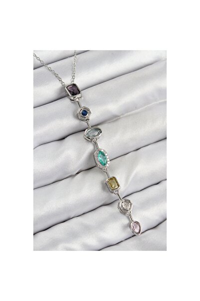Adoil قلادة نسائية من الزركون الملون بلون النحاس موديل فضي اللون 7 عناصر - لي...