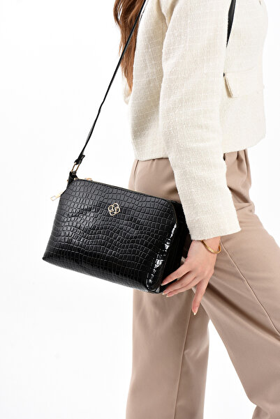 mugalas Чорна веганська шкіряна сумочка Croco з візерунком та регульованим ремінцем через плече