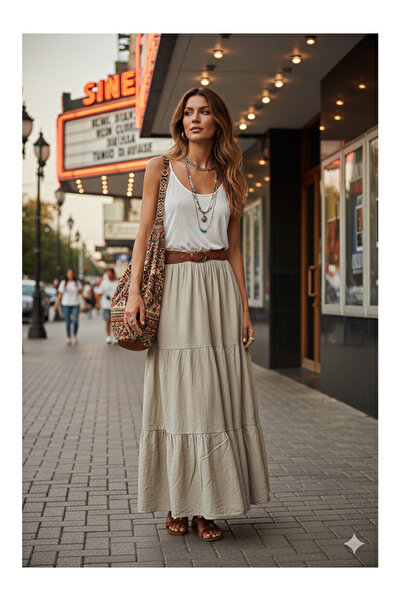 Namaste Vintage Bej renk dökümlü uzun bohem etek