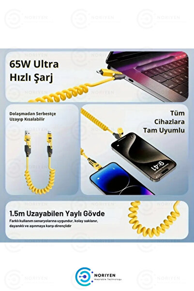 Noriyen Süper Hızlı 65w 4in1 Turbo ve Hızlı Şarj Micro + Type-C + Lightning 3 Uçlu Premium Şarj Kablosu