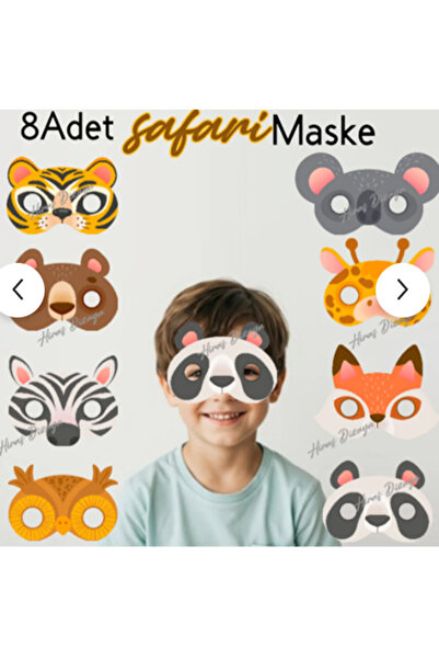 Hiras Dizayn 8 Adet Safari Hayvan Konsept Kağıt Parti Maskesi Safari Doğum Gü...