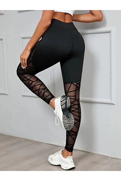 Asil Acar Home Women's High Waist Geometric Pattern Mesh Detailed Diving Leggings
