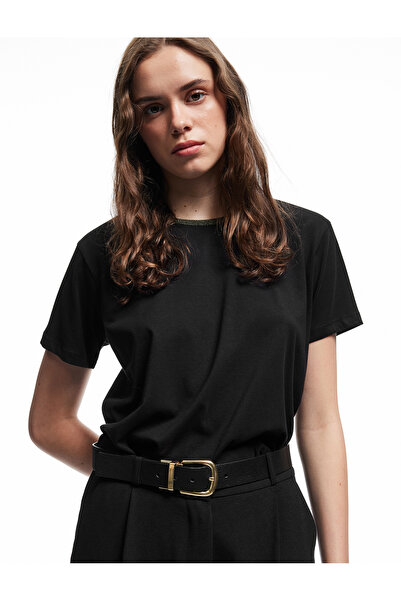 Koton Pamuklu Kısa Kollu Parıltılı Biyeli Bisiklet Yaka Tişört