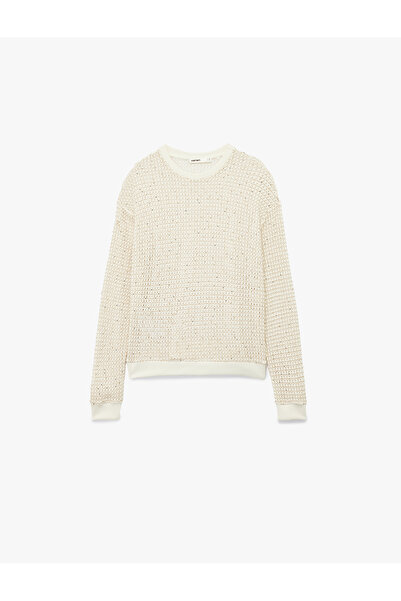 Koton Long Sleeve Crew Neck Glitter Beaded Openwork Sweater