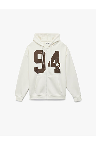 Koton Şardonlu Kapüşonlu Baskılı Kanguru Cepli Oversize Fermuarlı Sweatshirt