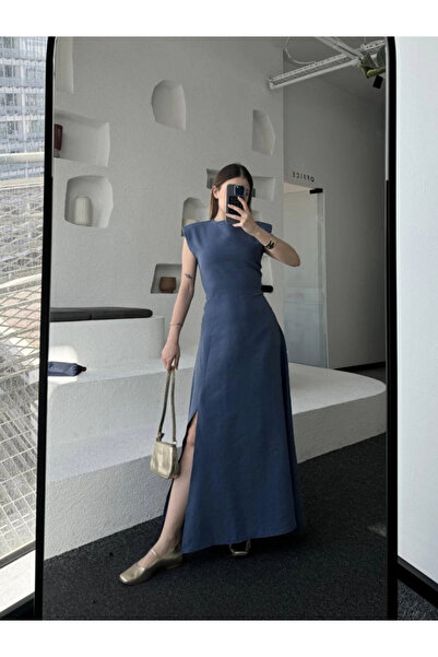Flexium Linen Side Slit Long Dress Zero Sleeve Dress - Blue