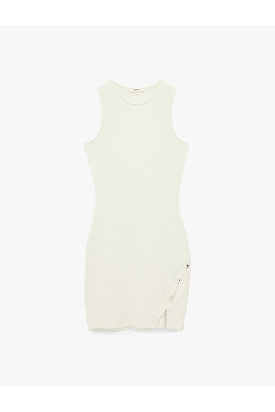 Koton Slim Fit Asymmetrical Cut Accessory Detail Sleeveless Crew Neck Mini Pencil Dress