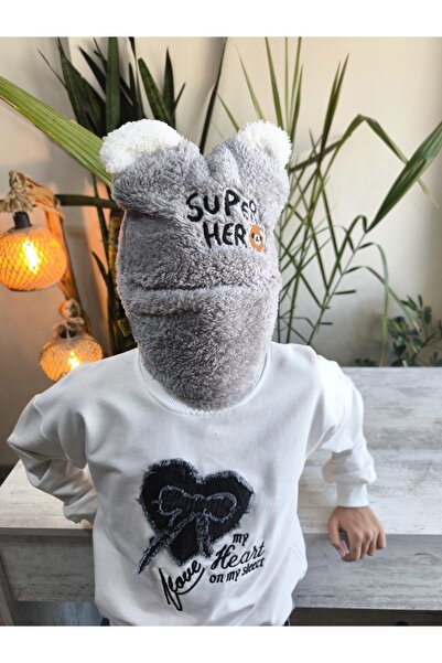 Şimo Butik Girls Boys Unisex Self-Necked Beanie with Plush Figure Soft Ear Protection Gray