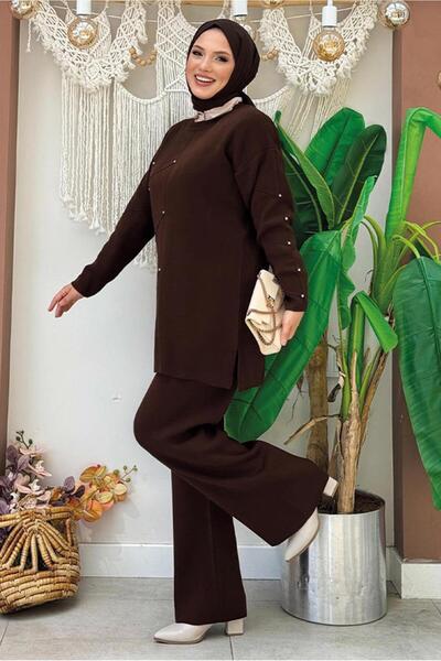 TRENDTESETTÜR Σετ γυναικείο πλεκτό παντελόνι σε χρώμα καφέ - T 5451-2