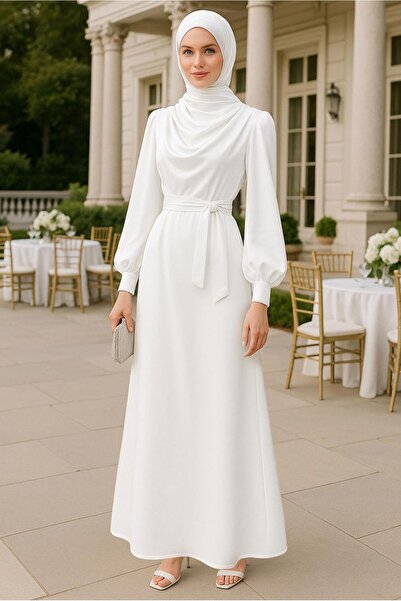 TRENDTESETTÜR Women's Ecru Degaje Collar Evening Dress t 9116