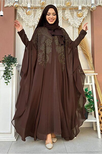 TRENDTESETTÜR KADIN KAHVE ŞİFON PELERİNLİ ELBİSELİ ABİYE TAKIM T 1563-1