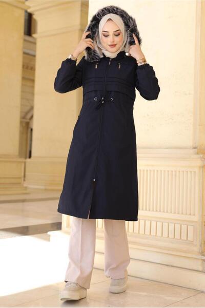 TRENDTESETTÜR Women's Navy Blue Gathered Waist Hooded Coat 0057