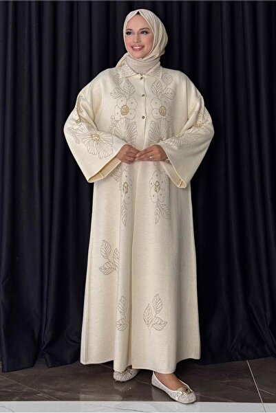 TRENDTESETTÜR Women's Beige (Stone) Flower Patterned Knitwear Cardigan t 01381