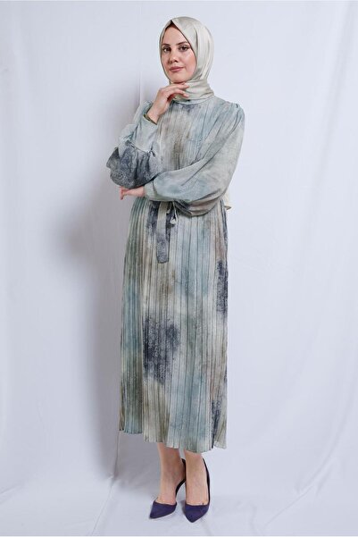 TRENDTESETTÜR KADIN MAVİ (AQUA) KUŞAKLI ŞİFON ELBİSE T 0985