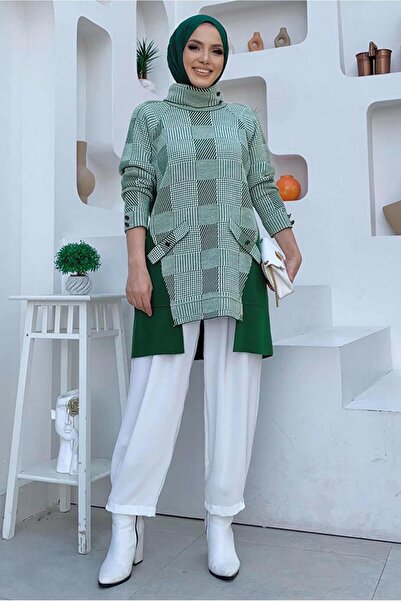 TRENDTESETTÜR WOMEN'S GREEN (ZEMRUT) THROAT COLLAR KNITWEAR TUNIC T 1834