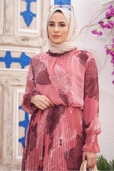 TRENDTESETTÜR KADIN PEMBE (GÜL) PİLİSELİ DESENLİ ELBİSE 9032