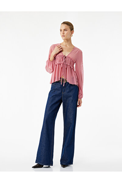 Koton Μακρυμάνικη μπλούζα με λεπτομέρεια με φιόγκο, ημιδιαφανής λαιμόκοψη σε σχήμα V και βολάν