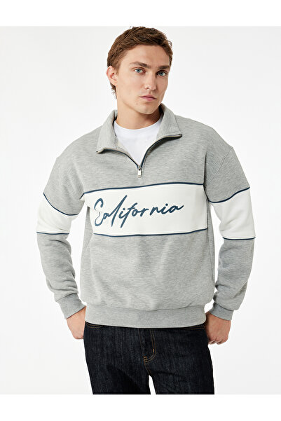 Koton Мъжка суитшърт с половин цип и надпис „College“ в сиво 6Wam70034Mk