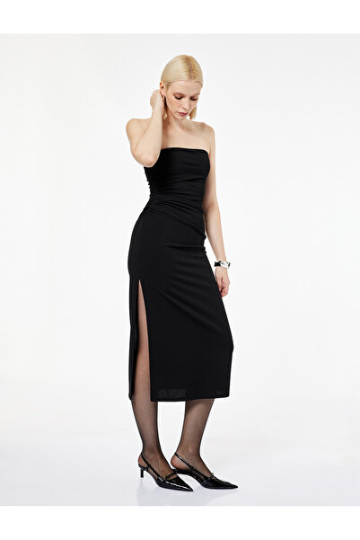 Koton Krep Scuba Kumaş Slim Fit Drape Detaylı Straplez Kalem Elbise