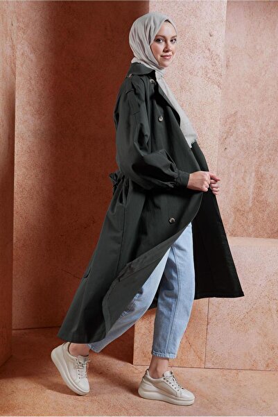 TRENDTESETTÜR Антрацитовий жіночий бавовняний тренч з сірим поясом - T 6201