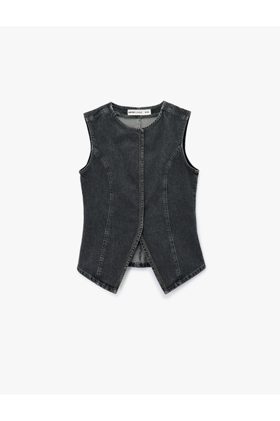 Koton Pamuklu Slim Fit Kolsuz Bisiklet Yaka Denim Yelek
