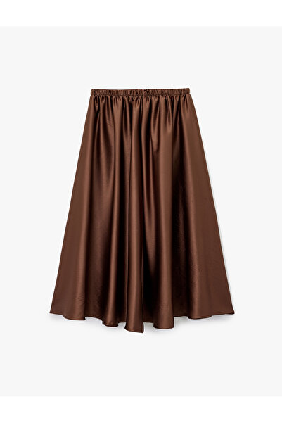 Koton Loose Fit Midi Flared Satin Skirt with Elastic Waist