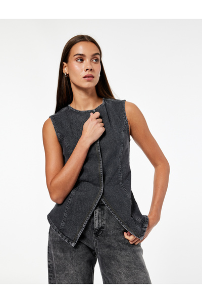 Koton Pamuklu Slim Fit Kolsuz Bisiklet Yaka Denim Yelek