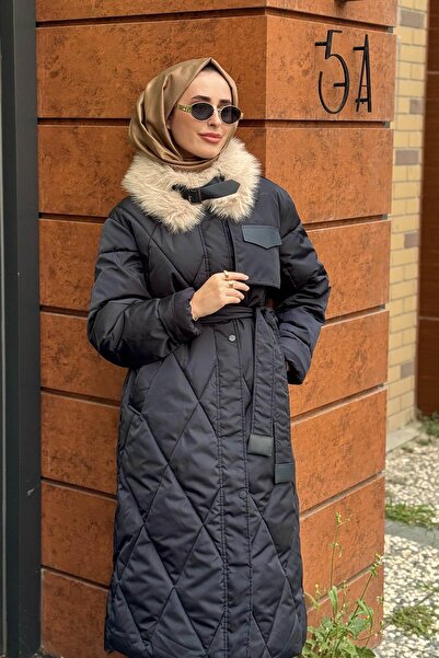 Kayra Baklava Desen Suni Kürklü Mont KA-A24-27306 Lacivert