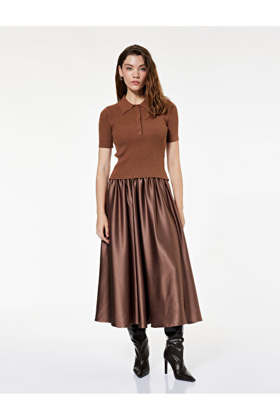 Koton Loose Fit Midi Flared Satin Skirt with Elastic Waist