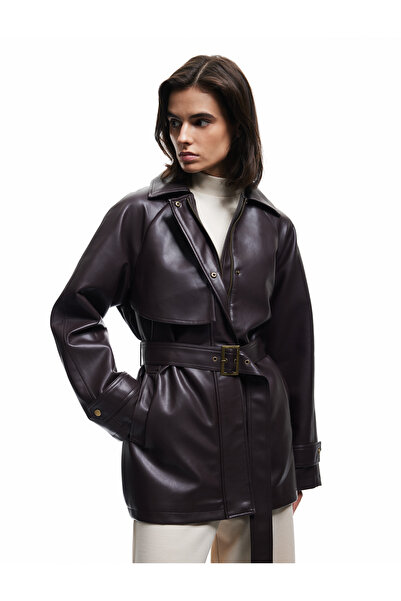 Koton Long Sleeve Faux Leather Jacket with Wind Cover Detail, Pockets and Belt