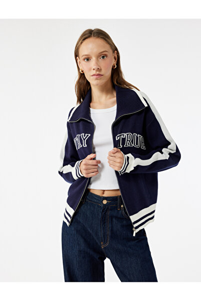 Koton Zippered Patterned Long Sleeve Stand Collar Knitwear Cardigan