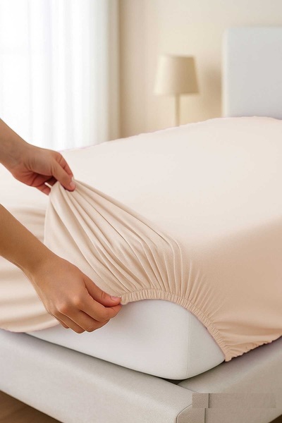 merland benvecocuk Double Size Flat Combed Cotton & # 37;100 Cotton Fitted Sheet 200X200 cm King Size Newsheet Beige