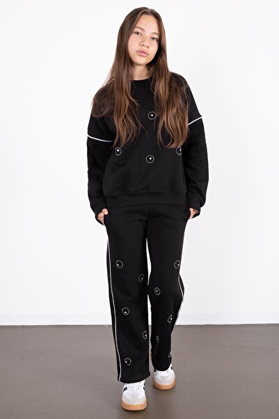 Cansın Mini Siyah Payet İşlemeli Şardonlu Kız Çocuk 2li Eşofman Takımı 21428