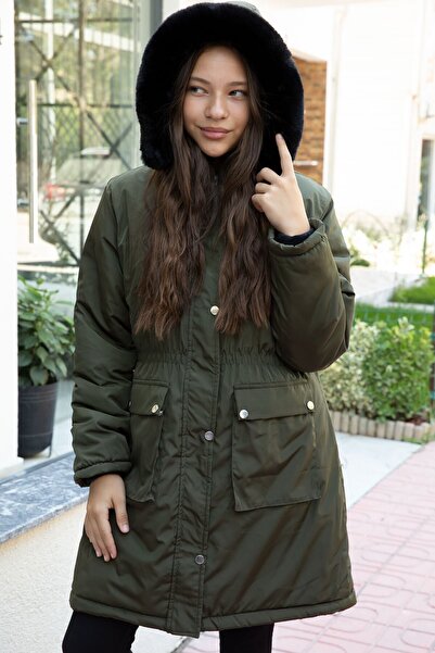 Cansın Mini Khaki Padded Coat with Pockets, Fur Inside, Detachable Hood for Girls 21481