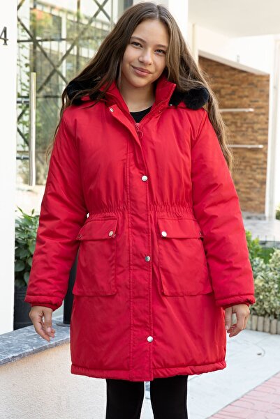 Cansın Mini Red Hooded Girl's Puffer Jacket with Removable Hood, Fur Lining and Pockets 21484