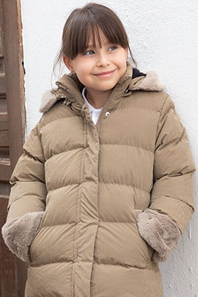 Cansın Mini Καφέ γούνα με λεπτομέρεια μάλλινο εσωτερικό κοριτσίστικο πουπουλένιο παλτό 21330