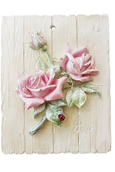 Merland El Yapımı Dekoratif Ahşap Görünümlü Pembe Gül Objeli 3d Beton Çerçeve.