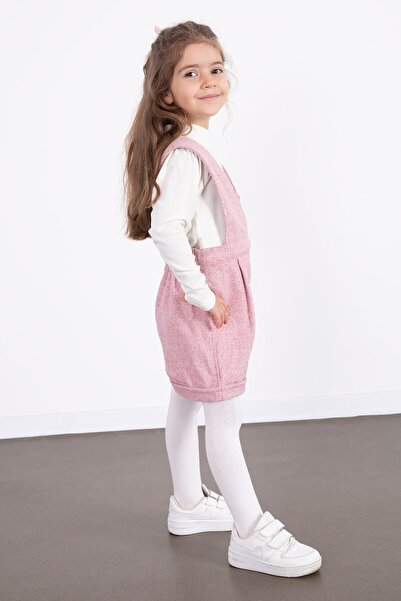 Cansın Mini Pink Girl's Melange Cream Badili Salopet Set 22692