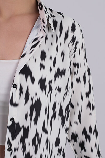 armonika Beige-Black Patterned Women's Shirt Long Sleeve - ARM-24K001017