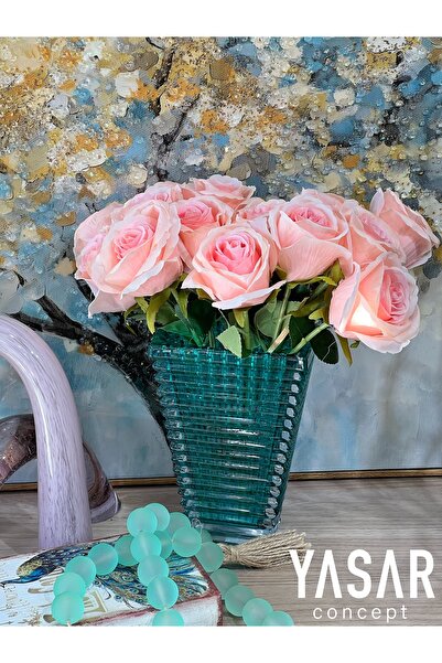 YASAR CONCEPT Vas din sticla cristal prismata turcoaz 13x20 cm