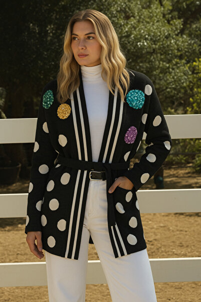 GZ Design Renkli Işlemeli Puantiye Desenli Füme Renk Hırka